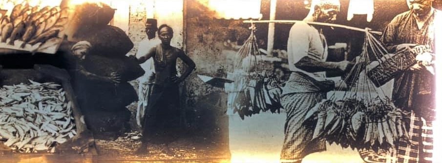 A picture from the heritage wall showing the Kangkar fishermen from historical Aukang and Punggol, at Hougang. 