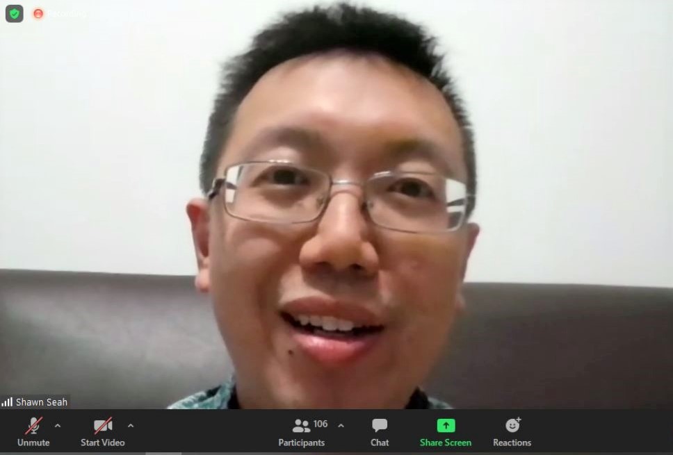 A screenshot of an online talk by author and speaker Shawn Seah. 