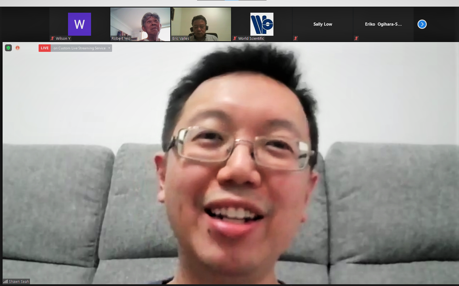 A screenshot of Shawn Seah speaking during an online webinar. 