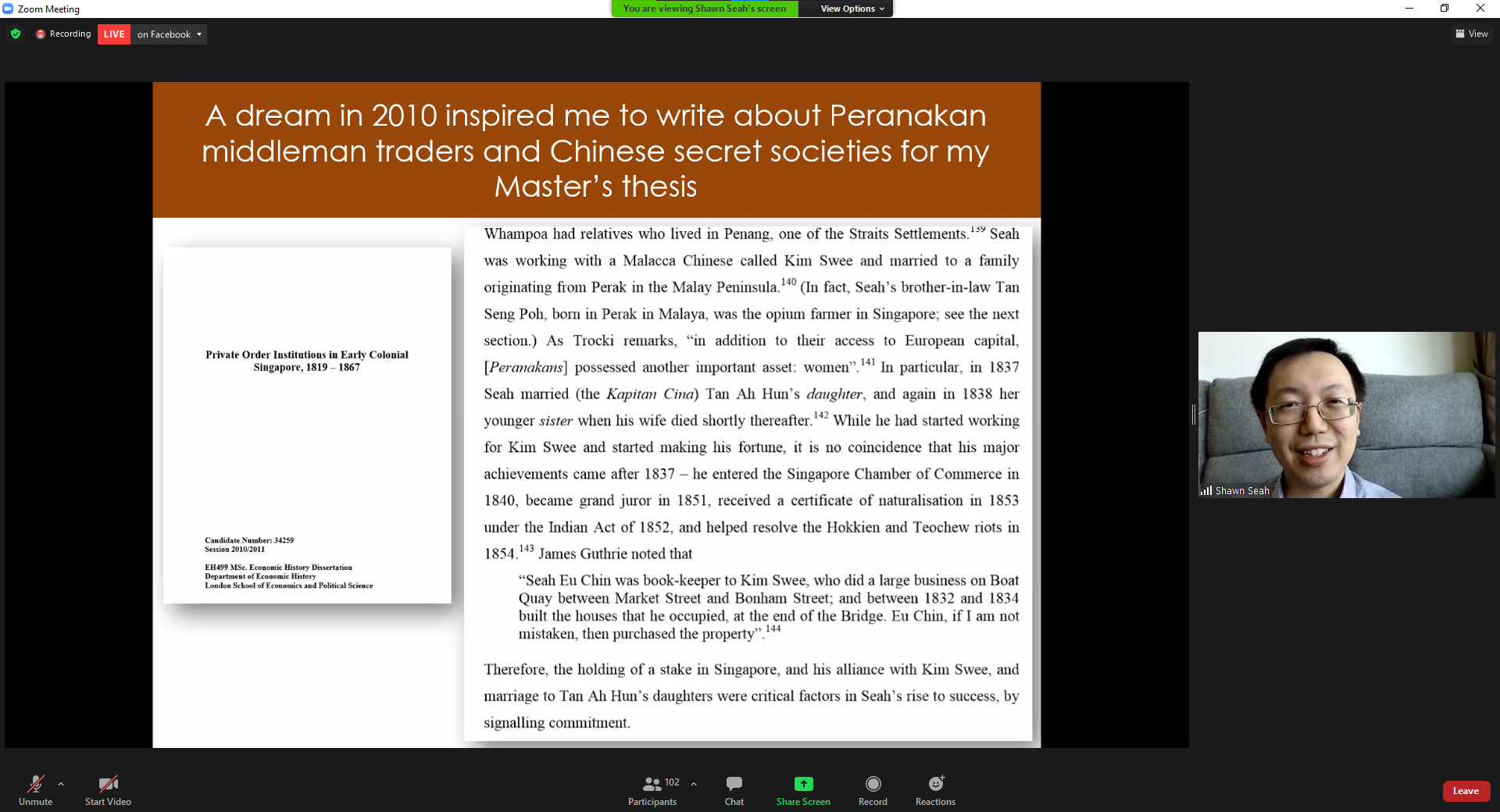 A screenshot of an online webinar delivered by author and speaker Shawn Seah. 