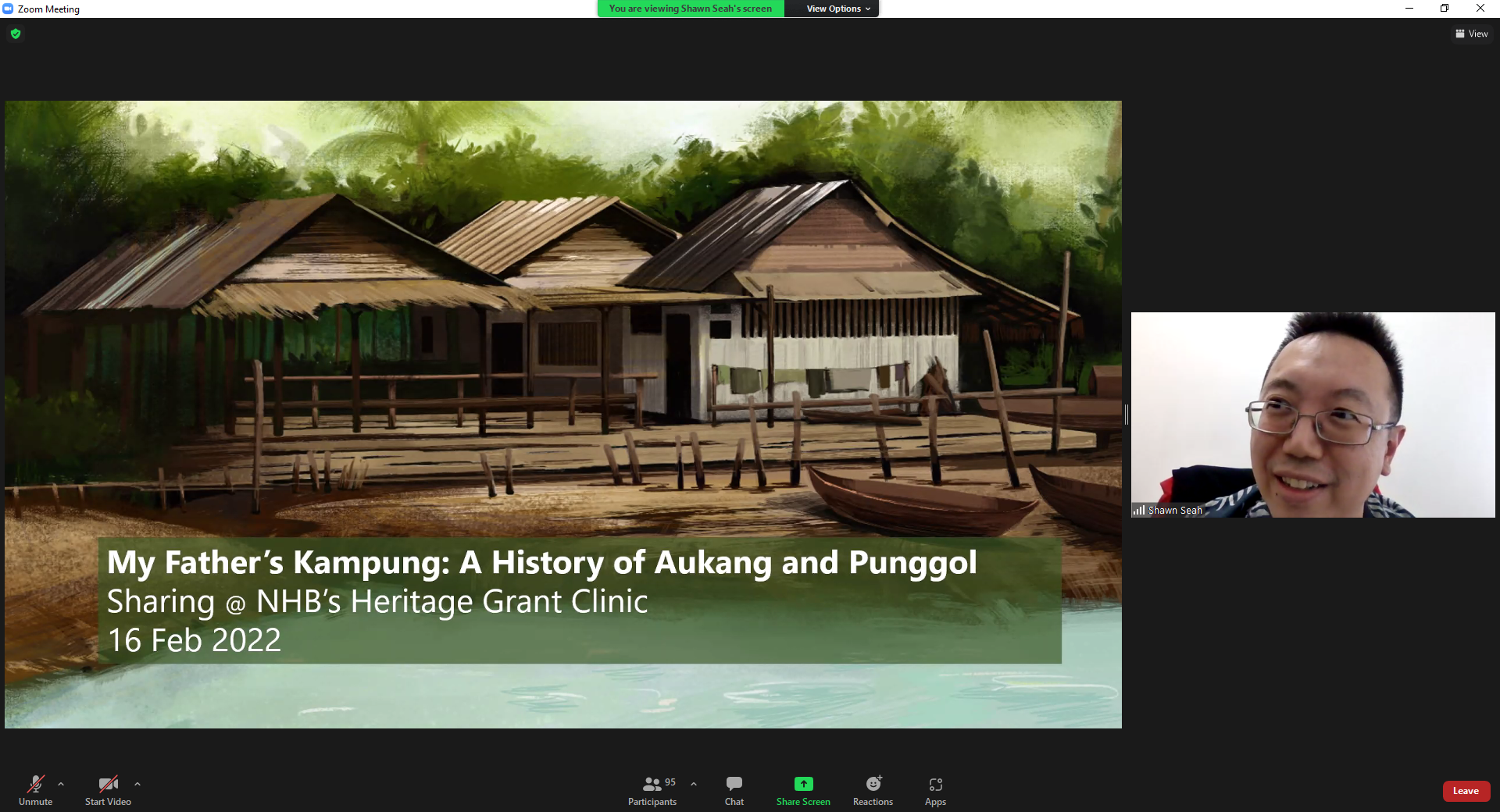 A screenshot of an online webinar, where Shawn Seah shared about his heritage grant experience. 