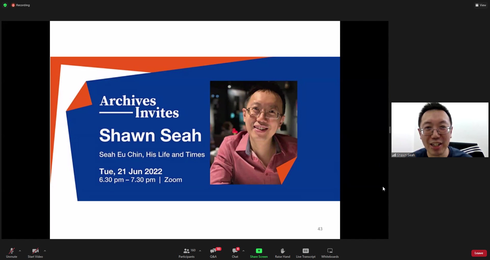 A screenshot of a Zoom webinar where author Shawn Seah was invited to speak about Seah Eu Chin: His Life and Times. 
