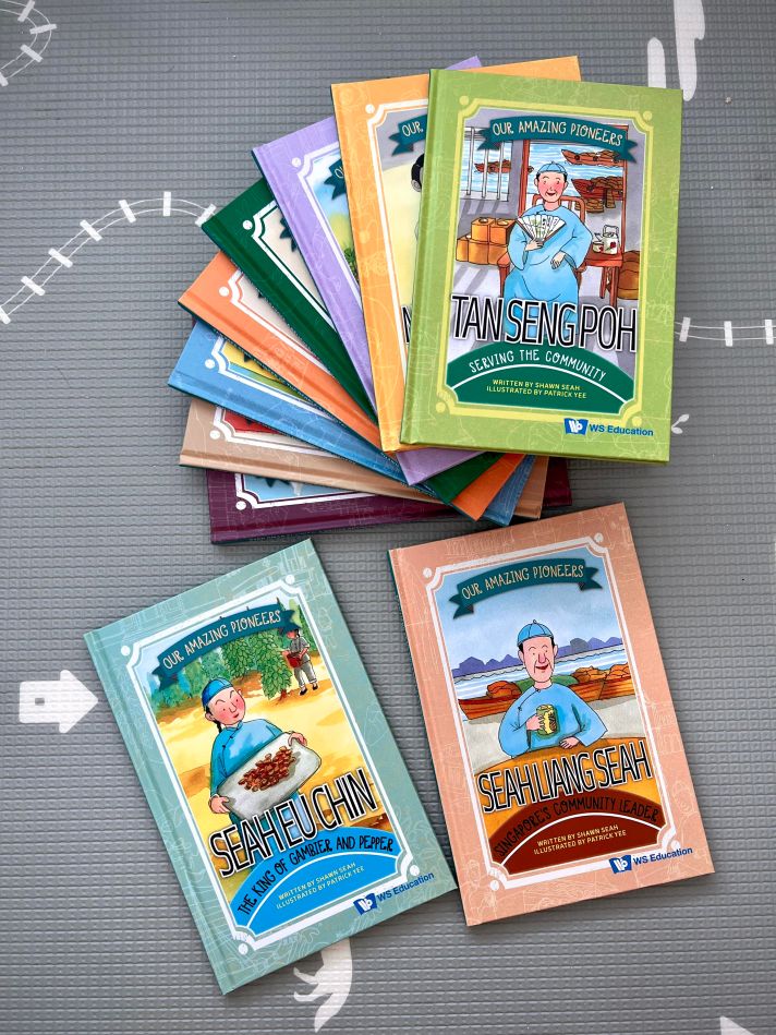 Book covers of various titles from the children's book series, Our Amazing Pioneers, written by Shawn Seah and illustrated by Patrick Yee. 