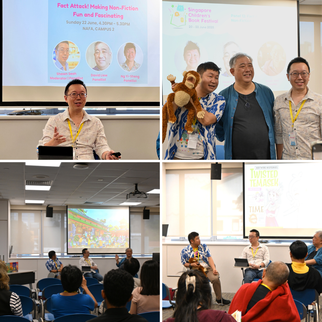 Shawn Seah, David Liew, and Ng Yi Sheng at a panel at the Singapore Children's Book Festival 2025. 