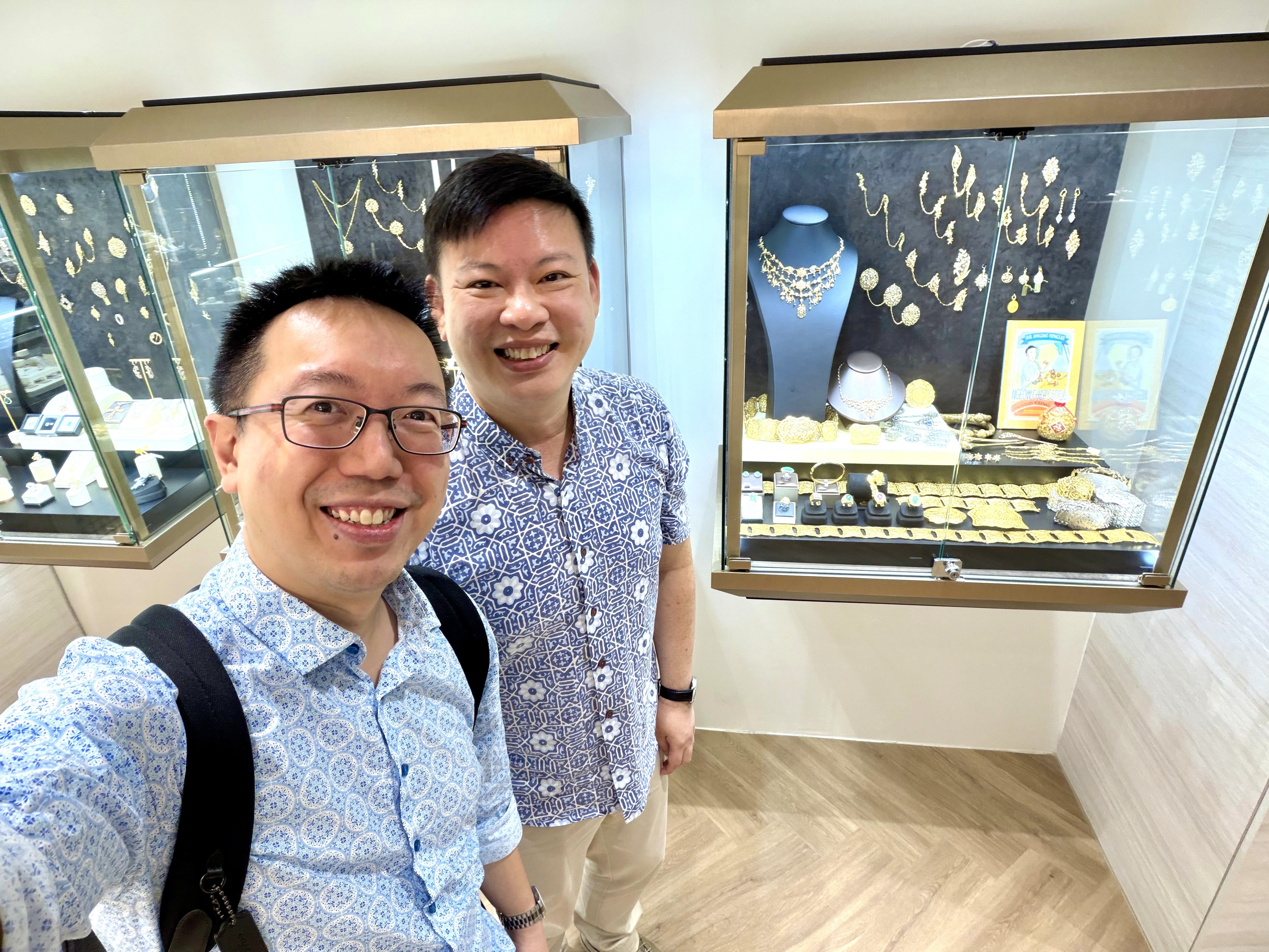 Author and speaker Shawn Seah with heritage jeweller Francis Ngau, descendant of Ngeow Cher Seong. 