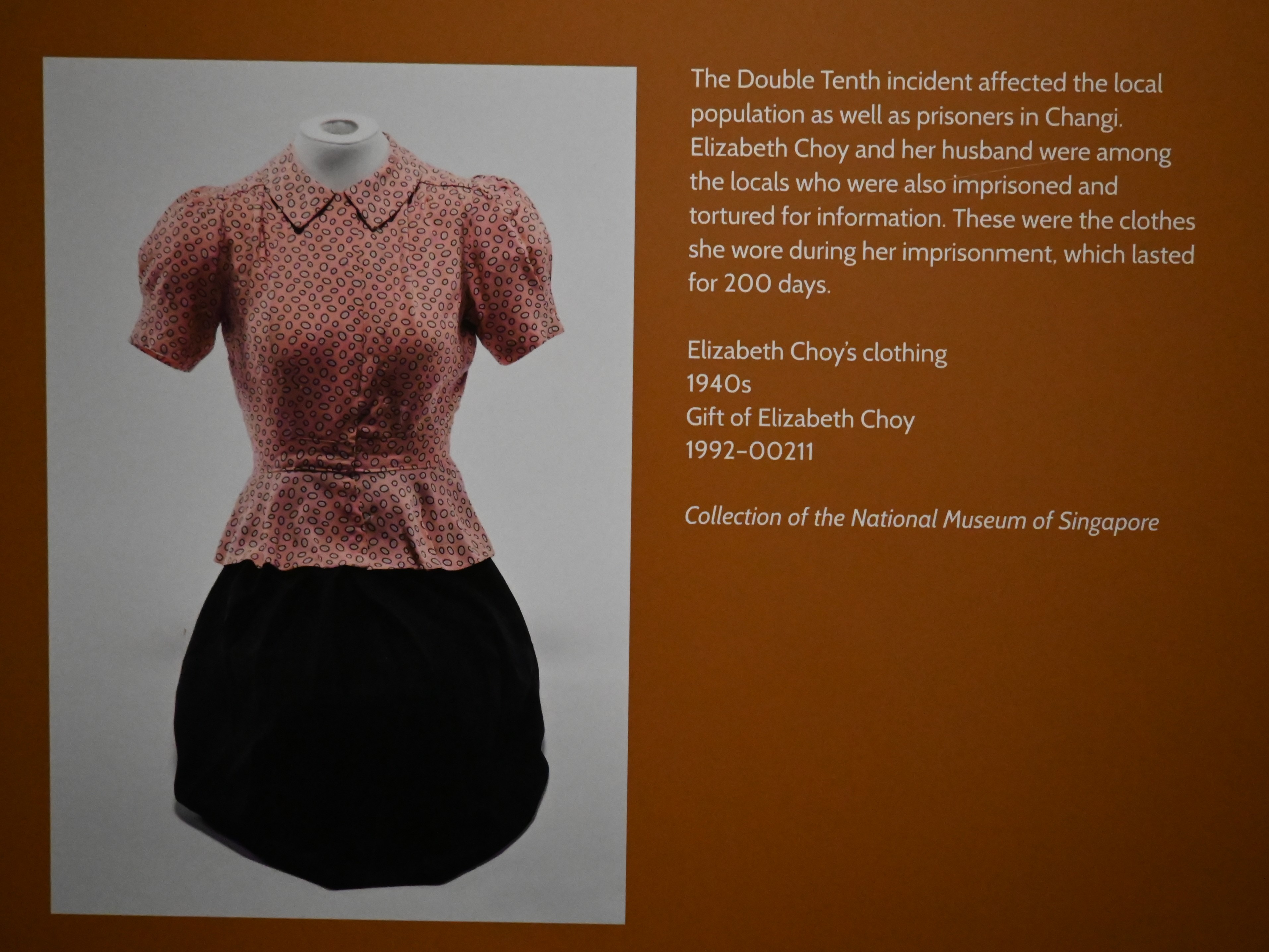Photograph of Mrs Elizabeth Choy's clothing. 